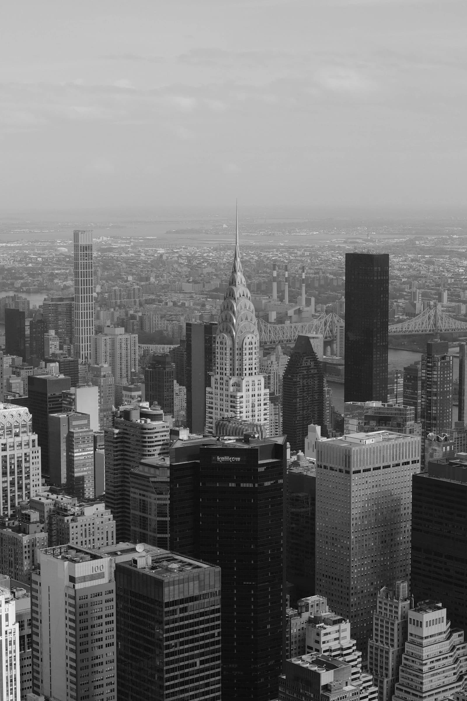 Black and white view of the Chrysler Building and the Midtown Manhattan skyline